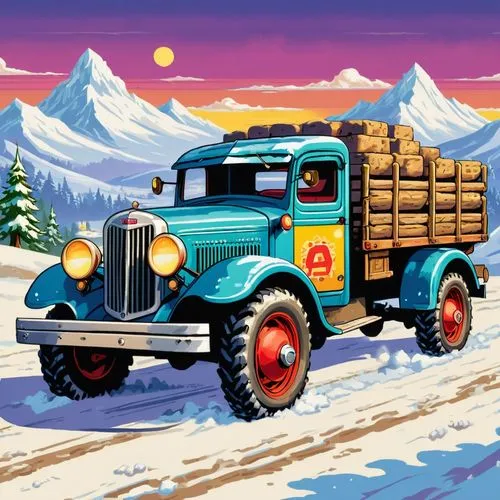 A 1930s truck for rough terrain and snow,a blue dump truck drives on a snowy road,log truck,christmas truck,christmas pick up truck,logging truck,christmas retro car,christmas truck with tree,Unique,P