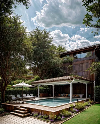 ศาลาสีขาวระเบียงม้านั่ข้างสระ ,สวยงามมืออาชีพ,landscape design sydney,landscape designers sydney,pool house,garden design sydney,dunes house,mid century house,summer house,wooden decking,timber house,