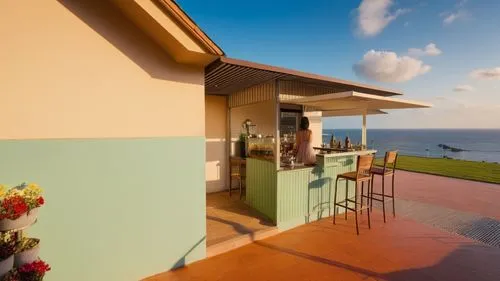 The skyline of a modern apartment is ablaze with vibrant hues as the sun slowly dips below the horizon. The cafe's windows are rolled down, and the interior is decorated with elegant chairs and potted