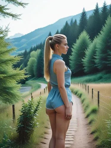 The picture shows a person with long, blond hair tied back in a high ponytail, standing barefoot outdoors in a wooded area. In the background are trees, bushes and a hint of a small fence in the middl