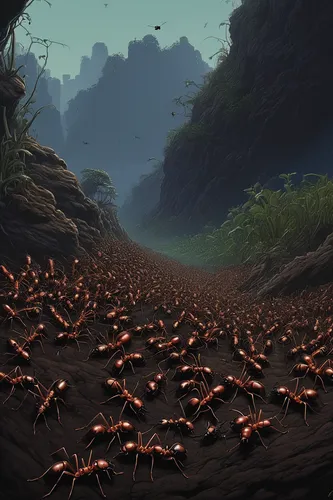 A suspenseful short film depicting a colony of ants on a dangerous journey,fire ants,ant hill,ants,stingless bees,anthill,mound-building termites,animal migration,bee colony,crabs,swarms,crayfish part