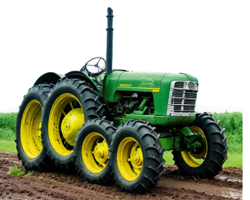 Farm tractor, rusty old machine, green body, yellow wheels, worn-out tires, mud-splattered, driver's seat, steering wheel, metal frame, shiny chrome exhaust pipe, morning dew, soft sunlight, 3/4 compo