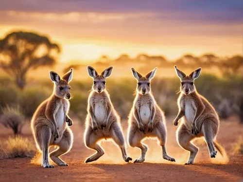 mob of kangaroos, Australian outback, sunset, golden light, warm ambient atmosphere, grassland, few trees, blue sky with puffy white clouds, detailed fur texture, strong legs, pouch, cute facial expre