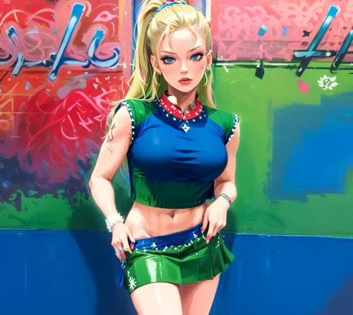 jenna jameson in  crop top and skirt, ,a pretty blond haired woman in a short green skirt and shirt,namorita,derivable,cammy,dressup,artist doll,mmd,female doll,namora,zelda,vidalia,background ivy,pai