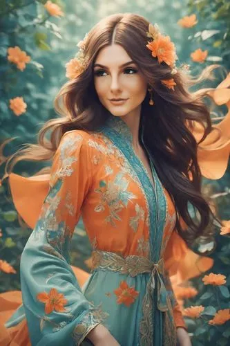 fantasy portrait,iranian nowruz,beautiful girl with flowers,girl in flowers,fantasy picture,persian,flora,novruz,persian poet,celtic woman,orange petals,world digital painting,vanessa (butterfly),orange roses,flower fairy,orange rose,flower background,fantasy woman,argan,artemisia,Photography,Natural