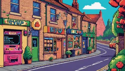 village shop,shopkeeper,shopping street,flower shop,greengrocer,deli,convenience store,grocery,shops,autumn theme,town,ice cream shop,village street,pixel art,wine tavern,alley,brandy shop,bakery,autumn colouring,medieval street,Unique,Pixel,Pixel 04