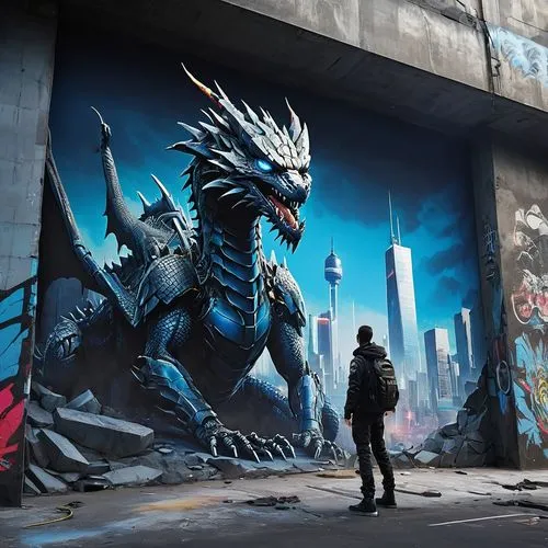 dragon  popping out of cracked wall, ceramics wall, bright blue eyes photography, mural in the top of the building,graffiti art,gigan,kaiju,graffiti,roa,welin,shadowrun,pointz,dragao,painted dragon,st