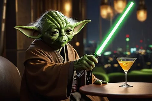 Yoda, wise Jedi Master, holding a Martini glass, green lightsaber in background, elegant lounge, luxurious leather sofa, dimmed golden lighting, smoke effects, Star Wars universe, futuristic cityscape