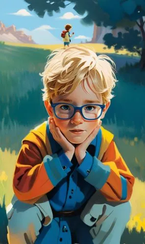 a 4 years old boy,a child wearing glasses standing in front of some trees,finnian,farmboy,arthur,kids illustration,children's background,tintin,Illustration,Vector,Vector 08