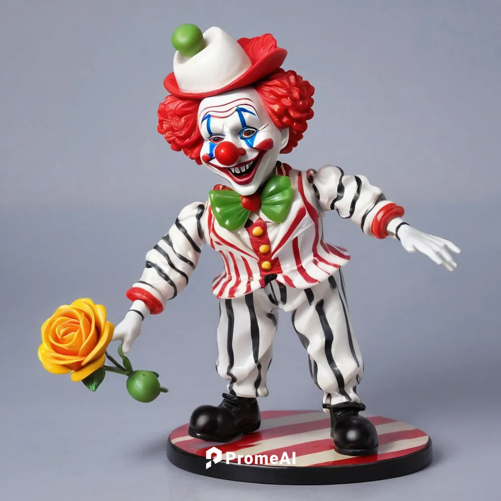 Picture a whimsical circus where a clown juggles wrinkled roses with a mischievous grin.,rodeo clown,ronald,creepy clown,horror clown,clown,scary clown,wind-up toy,it,3d figure,mcdonald,figurine,game 