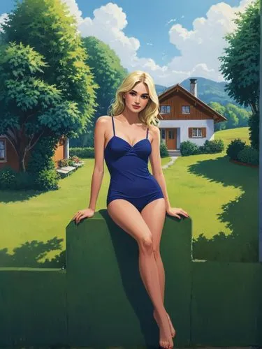 Our lovely daughter Erika in front of our German family home bungalow in the countryside,a woman wearing a blue bathing suit sitting on a green rail,heidi country,kolinda,lachapelle,fraulein,blonde wo