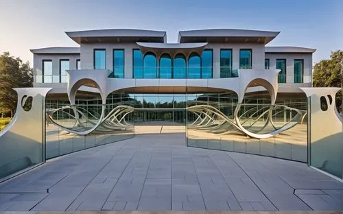 a red jeep parked in front of a glass building,mikvah,belek,luxury property,gated,luxury home,mikveh,Photography,General,Realistic