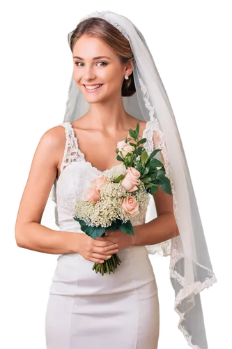 Bride, wedding dress, white veil, pearl necklace, elegant hairstyle, natural makeup, slender figure, delicate fingers, holding bouquet, smiling face, gentle posture, satin fabric, lace details, outdoo