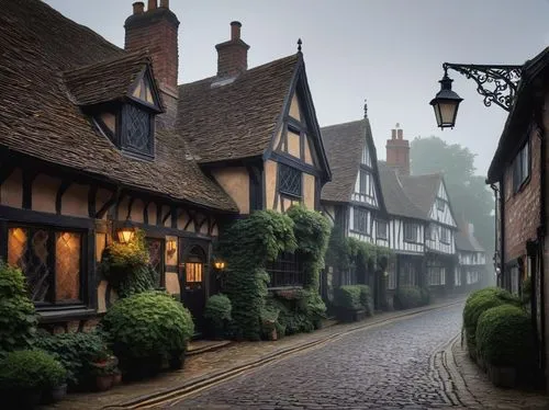 Wickford town, English countryside, architectural design, medieval-inspired building, half-timbered facade, steeply pitched roof, chimneys, dormer windows, rustic stone walls, climbing ivy, overhangin