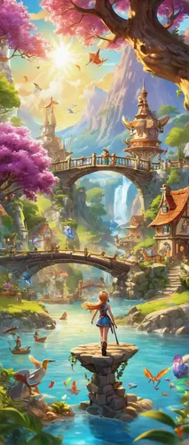 fairy world,fantasy landscape,japanese sakura background,fantasy world,fairy village,background with stones,violet evergarden,meteora,fantasia,mushroom landscape,sakura background,alibaba,dream world,landscape background,3d fantasy,mushroom island,cg artwork,scroll wallpaper,bird kingdom,flying island,Illustration,Japanese style,Japanese Style 19