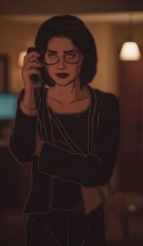 a horror movie scene. A woman in a  phone call,a woman in glasses is talking on a cell phone,phonogram,marla,melfi,isolda,kalinda,holtzman,Photography,General,Cinematic