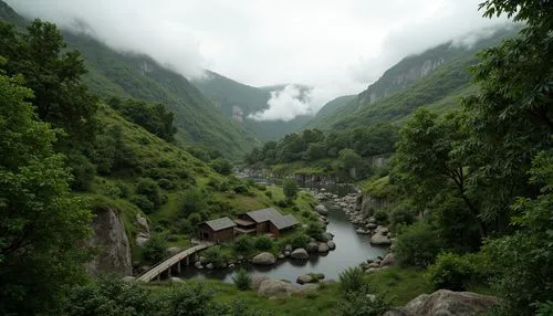 Sweeping hills, lush green forests, meandering streams, rustic wooden bridges, natural stone walls, curved lines, organic forms, earthy tones, blending boundaries, seamless transitions, harmonious coe