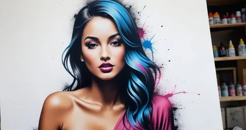 Spray painted art,the artwork shows an attractive girl with blue hair,airbrush,adnate,welin,airbrushing,art painting,spray paint