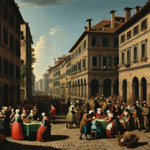 street scene,italian painter,street musicians,the market,barberini,via della conciliazione,large market,carpaccio,bellini,lucca,amaretti di saronno,modena,florentine,the carnival of venice,citta alta in bergamo,venice square,piazza di spagna,brescia,piemonte,market,Art,Classical Oil Painting,Classical Oil Painting 25