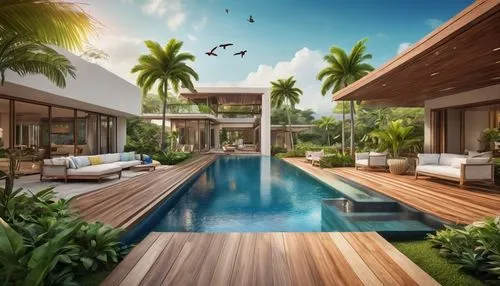 tropical house,holiday villa,pool house,amanresorts,luxury property,paradisus,tropical island,luxury home,dreamhouse,outdoor pool,luxury home interior,palmilla,resort,bali,beautiful home,paradis,floating huts,anantara,infinity swimming pool,3d rendering,Illustration,Realistic Fantasy,Realistic Fantasy 39