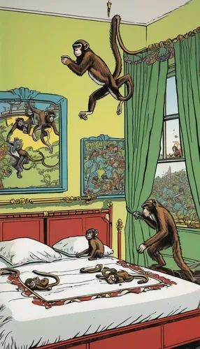 Describe a disastrous situation caused by monkeys jumping on the bed,children's bedroom,boy's room picture,wade rooms,children's room,monkeys band,monkey gang,sleeping room,anthropomorphized animals,t