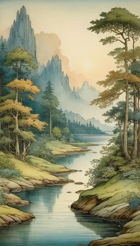 landscape background,mountain scene,oriental painting,rivendell,cartoon video game background,mountainous landscape,Illustration,Retro,Retro 19