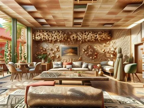 patterned wood decoration,interior design,breakfast room,livingroom,hotel lobby,interior decoration,3d rendering,interior modern design,hotel hall,wild west hotel,modern decor,contemporary decor,living room,luxury hotel,mid century modern,great room,interior decor,clubroom,amanresorts,luxury home interior