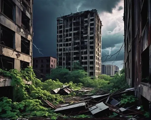 post-apocalyptic landscape,destroyed city,brownfield,post apocalyptic,brownfields,urban landscape,kurilsk,environmental destruction,scampia,deindustrialization,overdevelopment,lostplace,apocalyptic,norilsk,hashima,overdeveloped,dilapidation,devastations,urbanization,dereliction,Illustration,American Style,American Style 09