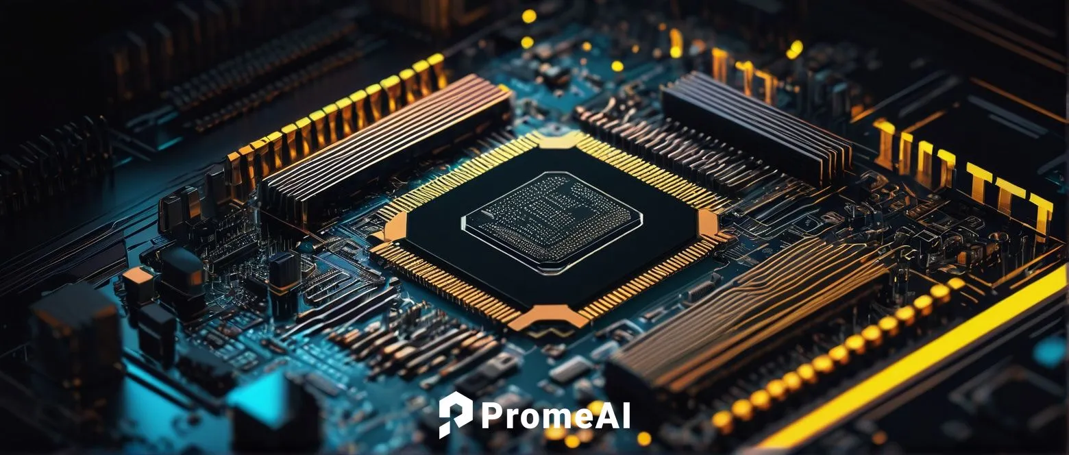 Microprocessor, ANSI SPARC, CPU architecture, 3D illustration, detailed circuits, metallic material, sleek design, futuristic tone, neon lighting, dark background, close-up shot, low-angle composition