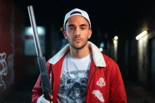 Male  adult wearing a red jacket and white hat holding a weapon, urban city environment, Grunge style, red and white graffiti, realistic,,bandana background,kapparis,assassin,rap,dj,sniper,gangstar,al