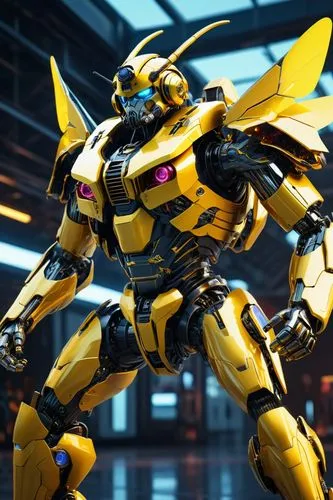 Space bumblebee with wings receiving its bachelor degree as electrical engineer., intricate mech details, iridized yellow chrome and crystal glass, combat version equipped with laser weapons, ground l