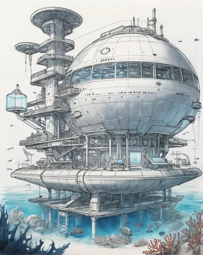 artificial island,airships,submersible,scifi,futuristic landscape,aqua studio,deep-submergence rescue vehicle,artificial islands,spaceship space,futuristic architecture,very large floating structure,semi-submersible,apiarium,sci fi,sci fiction illustration,sci - fi,sci-fi,floating islands,house of the sea,earth station,Illustration,Paper based,Paper Based 30