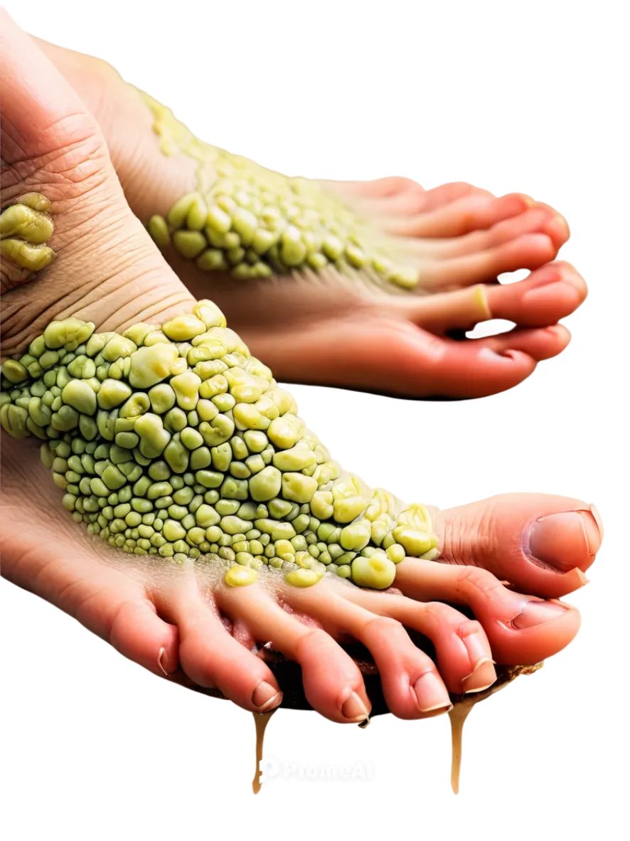 Fungus infected foot, toes curled, yellowish green pus, cracked skin, swollen redness, painful expression, close-up shot, macro photography, high contrast, dramatic lighting, shallow depth of field, g