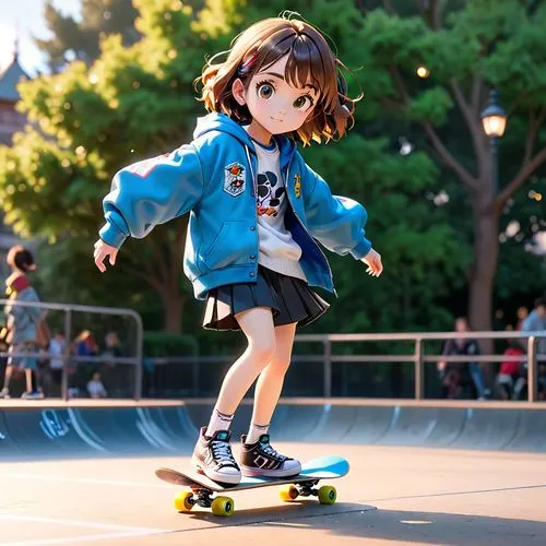 japanese style, manga, realistic,girl,skate park,the  wearing a blue jacket is riding a skateboard,skating,skater,skate,skateboard,skated,roll skates,Anime,Anime,Cartoon