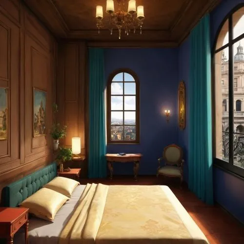 Bedroom style italian old style,the interior of a bedroom, which is decorated in blue,blue room,victorian room,sleeping room,bedroom,ornate room,chambre