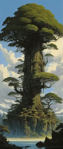 Imagine a fantasy world where giant floating islands are held up by enormous big trees.,dragon tree,isolated tree,mushroom island,the japanese tree,celtic tree,bigtree,floating island,pine tree,lone t