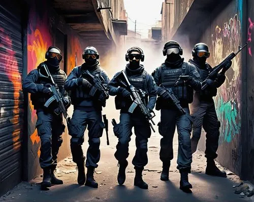 CSGO poster, competitive gamers, 5-man team, dynamic poses, serious facial expressions, cool sunglasses, black tactical gloves, high-tech earpieces, camouflage clothing, AK-47 rifles, smoke bombs, urb