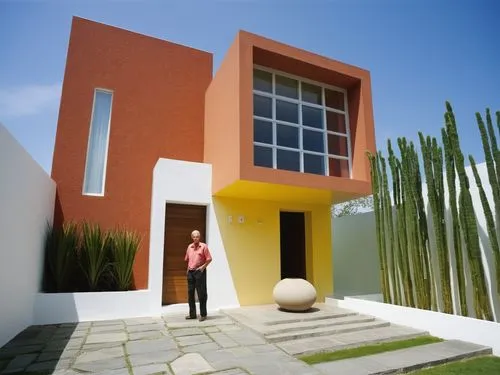 a woman stands outside a colorful modern house,cubic house,cube house,exterior decoration,dunes house,vivienda,cube stilt houses,Photography,General,Realistic