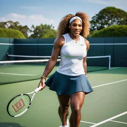 Serena Williams, tennis star, mature lady, athletic build, curly brown hair, bright smile, elegant makeup, golden necklace, sporty casual wear, white tank top, short skirt, sneakers, confident pose, s