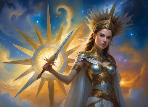 an angel holding a sword in her right hand,paladin,liliana,prospera,light bearer,frigga,inara,Illustration,Realistic Fantasy,Realistic Fantasy 03