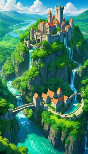 meteora,skylands,fantasy landscape,knight village,butka,alfheim,knight's castle,mountain settlement,medieval castle,fantasy city,mountain village,townsmen,abdallahi,castel,rivendell,castlelike,krka,fairy tale castle,nargothrond,elves country,Illustration,Japanese style,Japanese Style 03