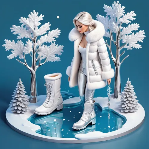 Winter wonderland with a white fur coat and silver boots.,winterblueher,winter background,snow figures,suit of the snow maiden,winter sales,snowflake background,winter clothing,christmas figure,snow b