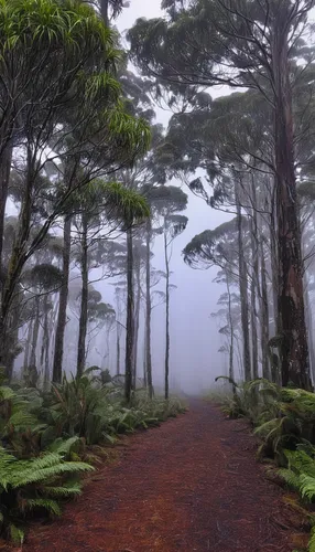 tropical and subtropical coniferous forests,paparoa national park,foggy forest,valdivian temperate rain forest,tree ferns,hiking path,foggy mountain,tongariro national park,teide national park,pine forest,foggy landscape,temperate coniferous forest,mount taranaki,fir forest,tree top path,the azores,north island,rain forest,yakushima,the mystical path,Conceptual Art,Oil color,Oil Color 17