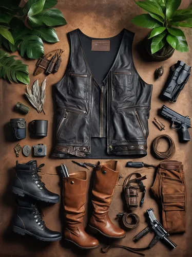 leather,leather texture,leather goods,vest,leather hiking boots,hiking equipment,leather boots,flat lay,leather jacket,camping gear,earthy,star-lord peter jason quill,summer flat lay,boys fashion,motorcycle boot,country style,black leather,croft,hiking boot,autumn theme,Unique,Design,Knolling