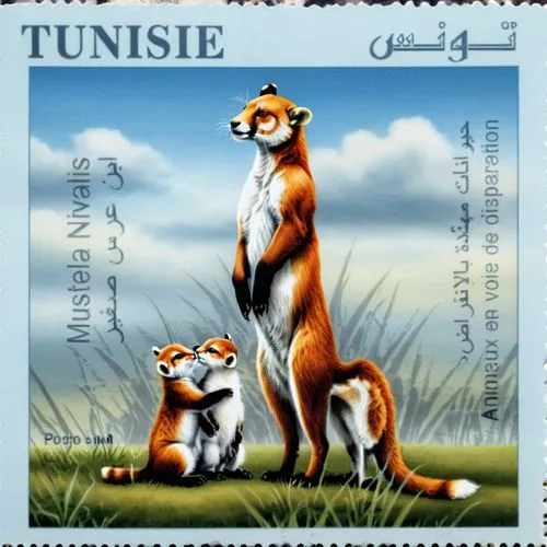 صمم طابع بريدي عبارة عن رسم يدوي    لحيوان  ابن 
 عرس صغير  مع صغاره,mustelidae,tunisie,mustelids,toussuire,tunisian,postal labels,canidae,postage stamps,tungusic,tunisi,teunisse,tuanjie,tumusiime,tau