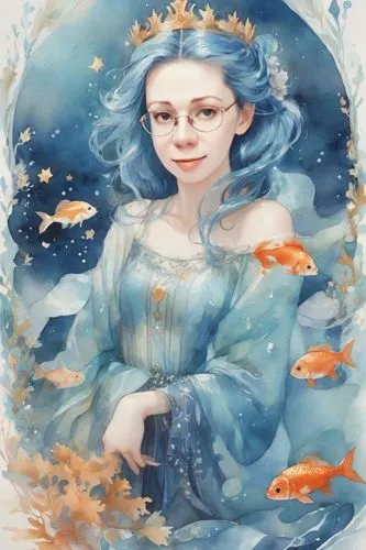 anchoress,amphitrite,aquarius,aquaria,the sea maid,niffenegger,undine,underwater background,fishwife,nereid,winterblueher,horoscope pisces,coelacanth,nabiullina,mer,naiad,the zodiac sign pisces,the snow queen,queenfish,fish in water,Digital Art,Watercolor