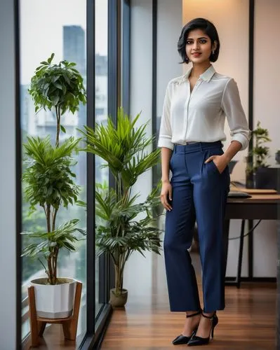 Modern interior design company, Bangalore, India, stylishly dressed Indian woman (28yo), short hair, minimal makeup, elegant white blouse, dark blue formal trousers, high heels, standing confidently, 