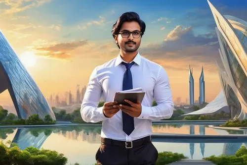 Architectural designer, Mohali, India, 30s, stylish hair, black framed glasses, formal attire, white shirt, black tie, dark blue trousers, black leather shoes, holding blueprints, standing, modern arc