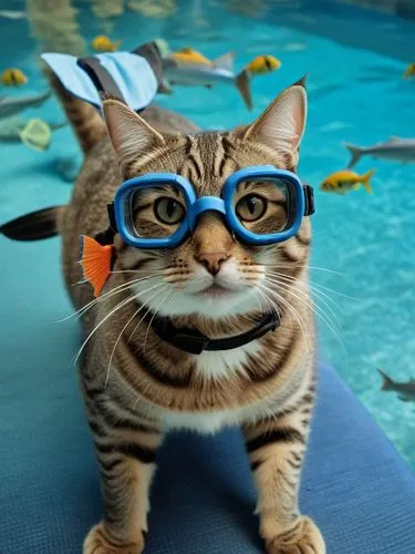 tabby cat wearing a snorkel, scuba diving in the blue ocean, surrounded by colorful fish,a cat in goggles on a mat looking at the camera,swimming goggles,snorkelling,snorkeling,snorkeled,tabby cat,sno