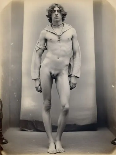 An 18-year-old boy with a naked upper body. Make the motif look like a pioneer photograph, as if it had been photographed by Félix Tournachon (Nadar) as a long exposure.,an old picture of a man with n